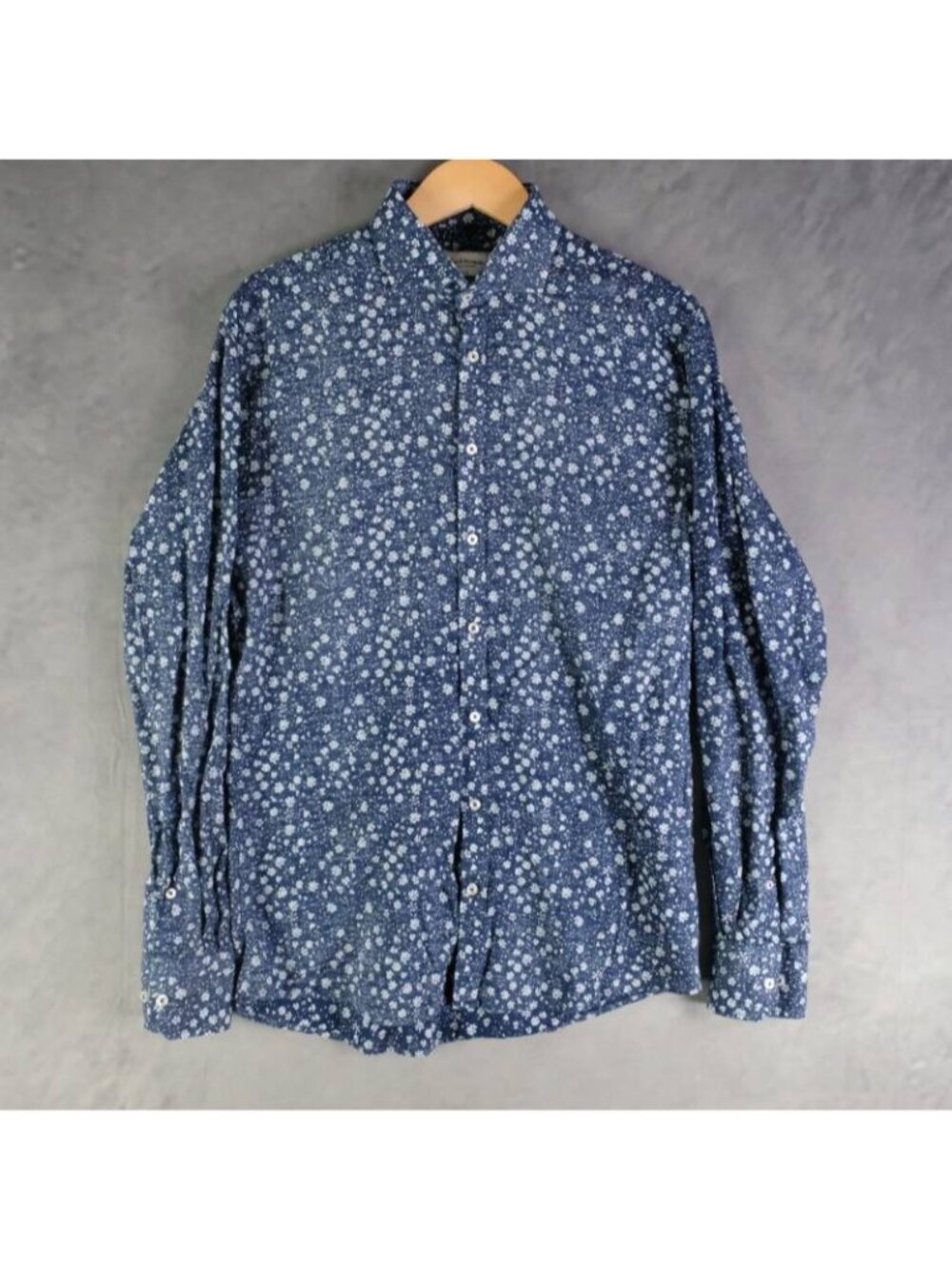Bruun & Stengade Shirt Men's 15 3/4 40 Blue Floral Linen Cotton Slim Fit